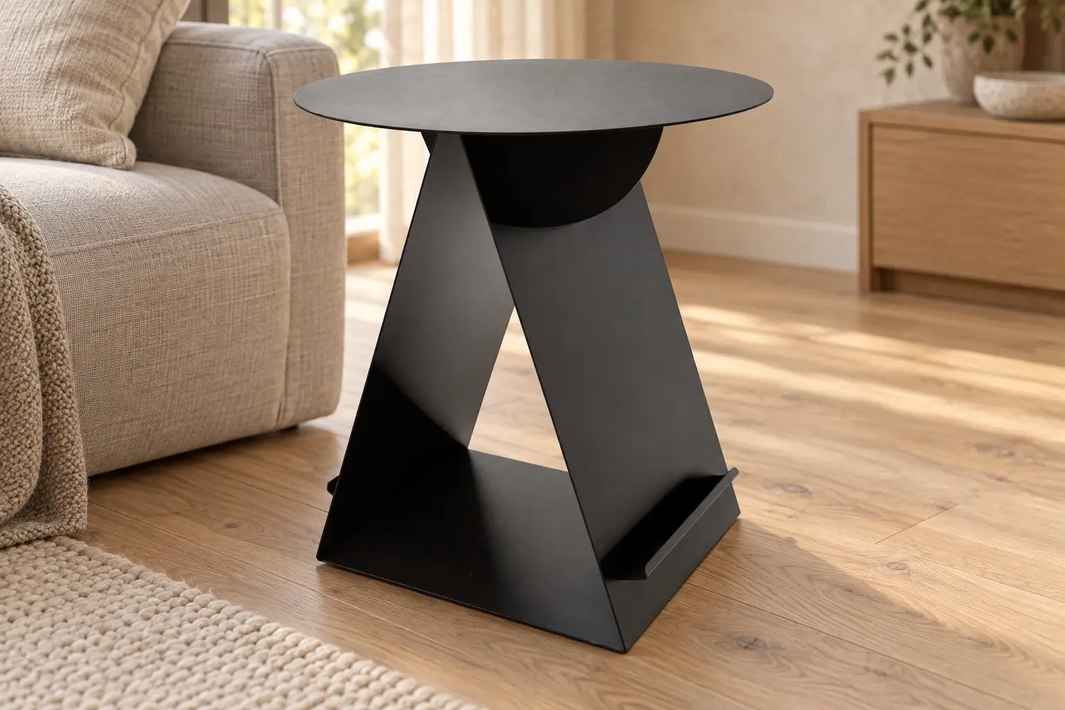 Trinity Metal Side Table beside a linen sofa in a warm living room