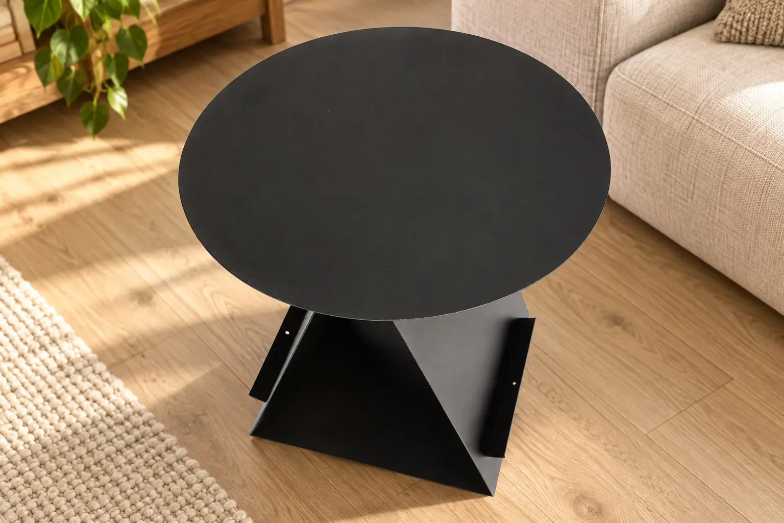 Elevated view of Trinity Metal Side Table in a warm linen and oak interior