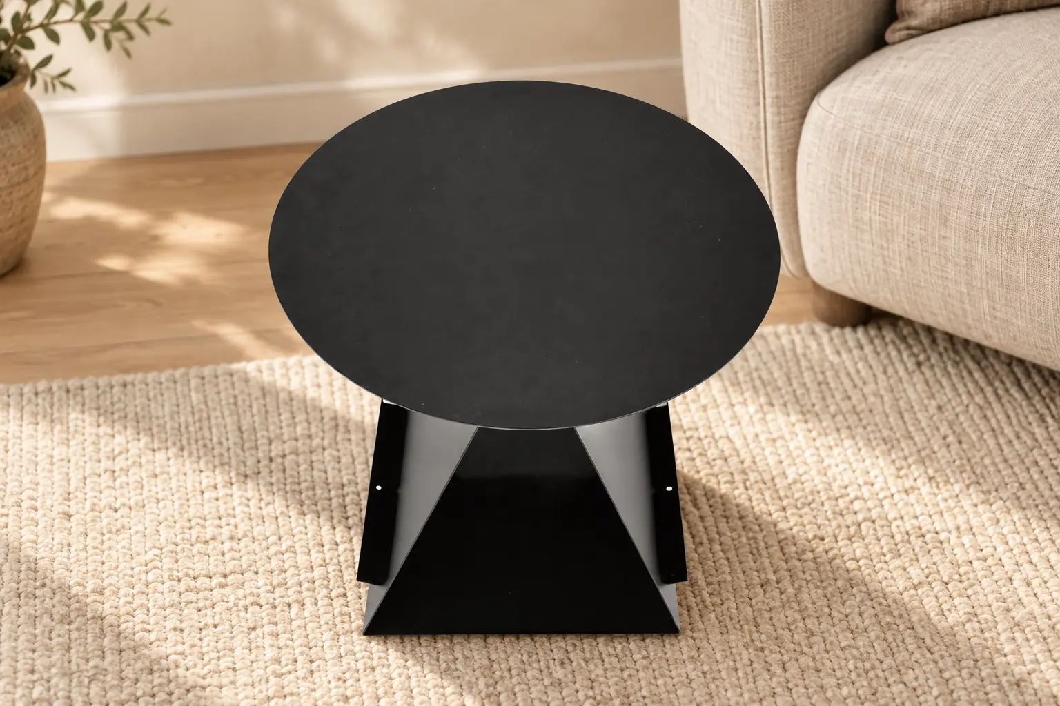 Trinity Metal Side Table geometric form in a warm reading corner