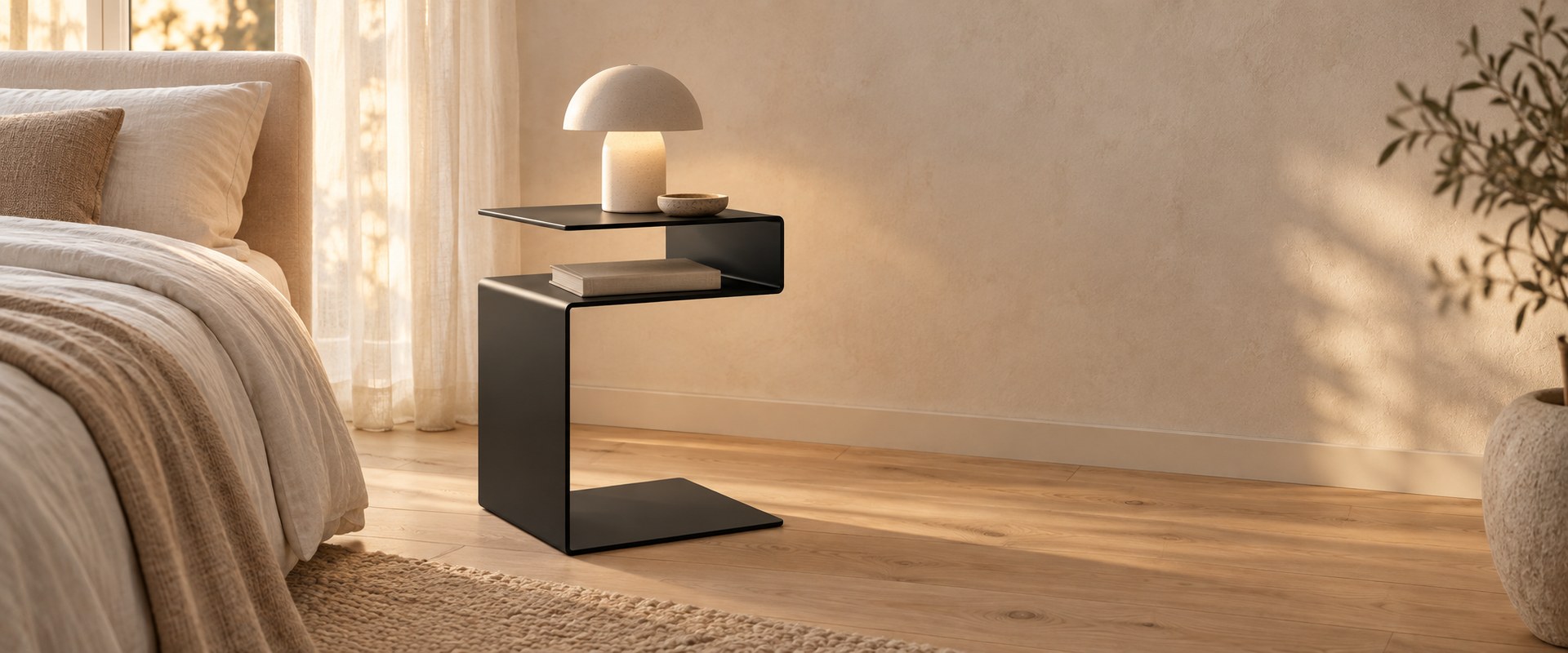 Selo Side Table beside a warm modern bed